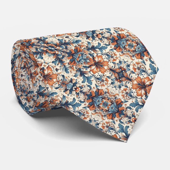 Orange, Blue & Cream Floral Pattern  Neck Tie (Rolled)