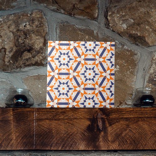 Orange Blue Cream Geometric Hexagons Pattern Ceramic Tile