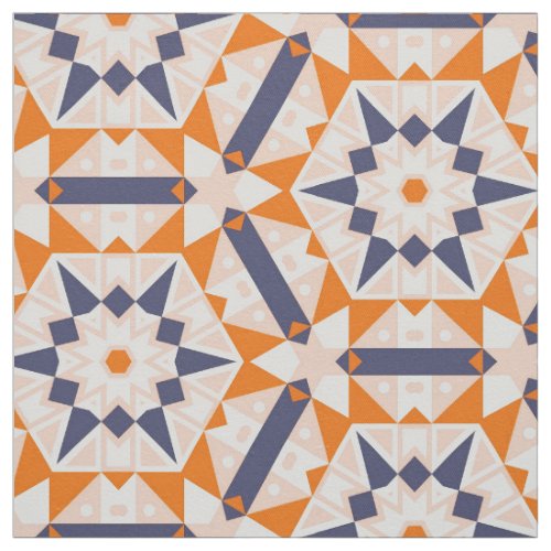 Orange Blue Cream Geometric Mosaic Ethnic Pattern Fabric