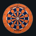 Orange & Blue Custom Text Sports Chicago Illinois Dart Board<br><div class="desc">Add your own text on the top and bottom (default "your custom text here" and "go sports!") to this orange dartboard with navy blue,  orange and white dartboard pattern design.  Great for sports fans in Chicago,  Illinois.</div>