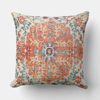 Orange Blue Ethnic Boho Bohemian Carpet Vintage Throw Pillow