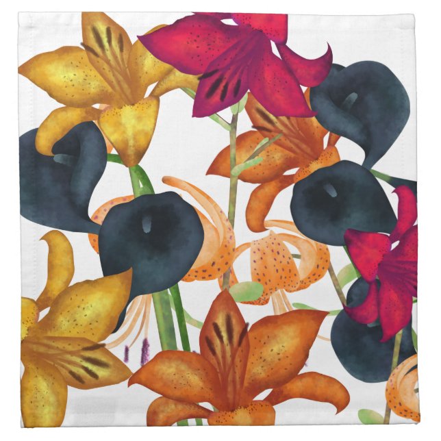 Orange Blue Fall Tiger Lily Wedding Cloth Napkins (Front)