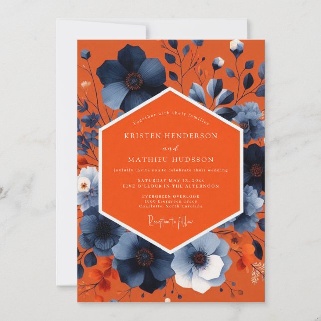 Orange Blue Floral Autumn Wedding Invitation (Front)