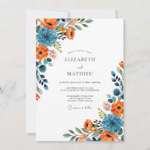 Orange Blue Floral Flourish Wedding Invitation