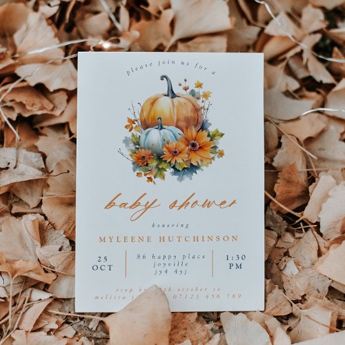 Orange  Blue Floral Pumpkin Baby Shower Invitation