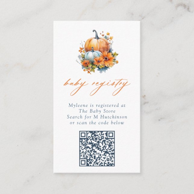 Orange & Blue Floral Pumpkin QR Code Baby Registry Enclosure Card (Front)
