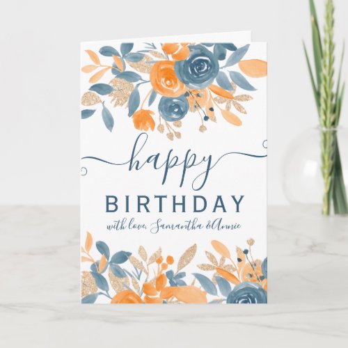 Orange blue floral watercolor glitter birthday card
