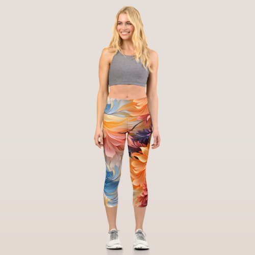 Orange blue flower blooms and leaves capri leggings