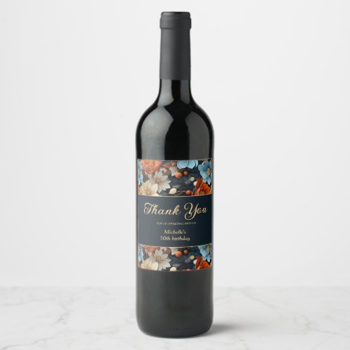 Orange Blue Flowers Black Birthday Thank You Wine Label