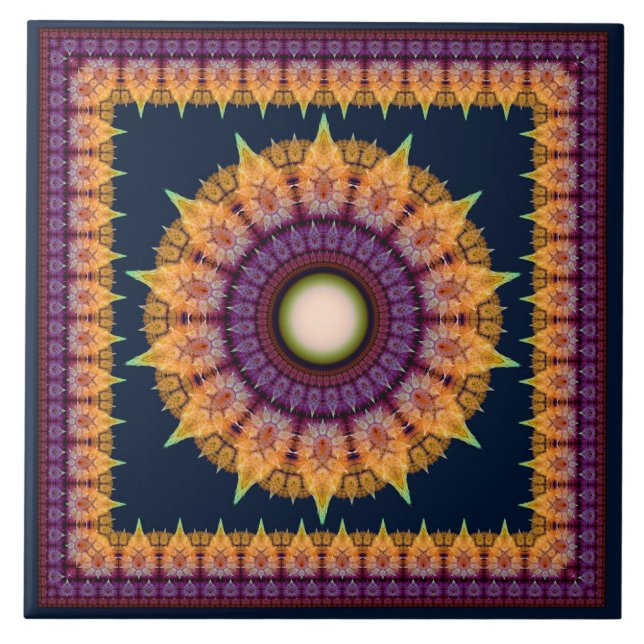Orange blue fractal framed ornament ceramic tile (Front)
