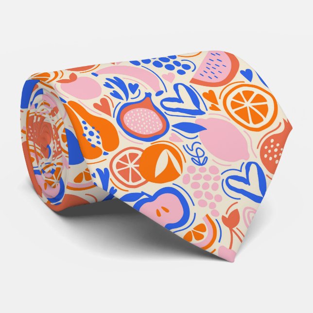 Orange Blue Fruits Vegetables  Neck Tie (Rolled)