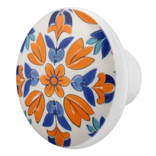 Orange Blue Geometric Floral Flower Mediterranean Ceramic Knob (Right)