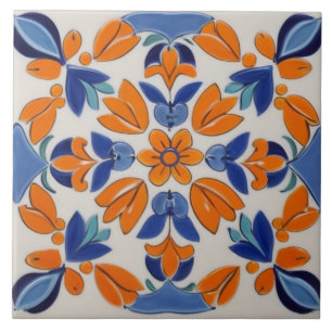 Orange Blue Geometric Floral Flower Mediterranean Ceramic Tile