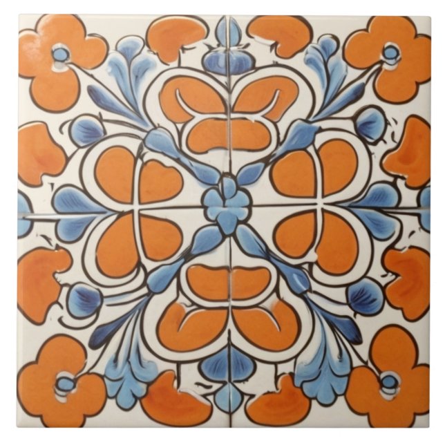 Orange Blue Geometric Floral Flower Mediterranean Ceramic Tile (Front)
