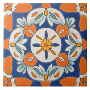 Orange & Blue Geometric Floral Mediterranean Ceramic Tile