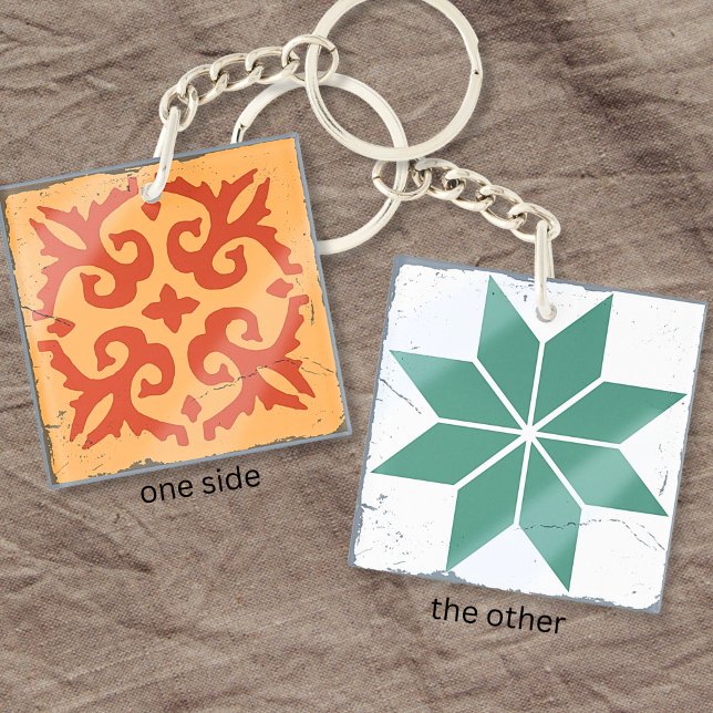 Orange Blue Geometric Tile Board Game Distressed Keychain (Creator Uploaded)
