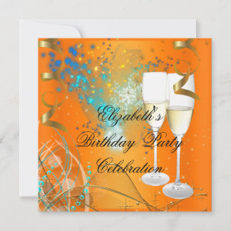 Orange Blue Gold Birthday Party Champagne Invitation
