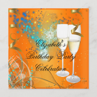 Orange Blue Gold Birthday Party Champagne Invitation