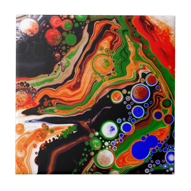 Orange, Blue, Green, Black Digital Fluid Art   Ceramic Tile (Front)