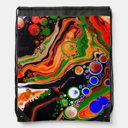 Orange Blue Green Black Digital Fluid Art  Drawstring Bag