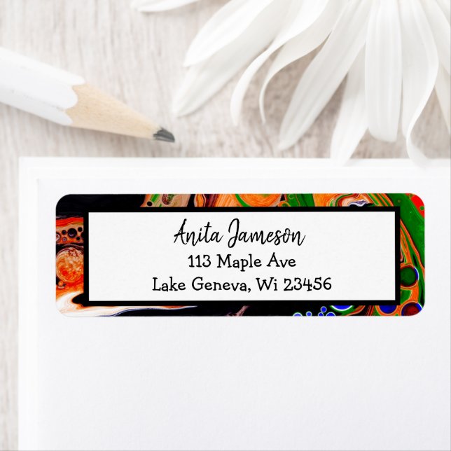 Orange, Blue, Green, Black Digital Fluid Art    Label (Insitu)