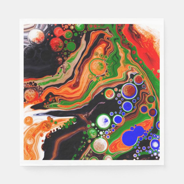 Orange, Blue, Green, Black Digital Fluid Art    Napkins (Front)