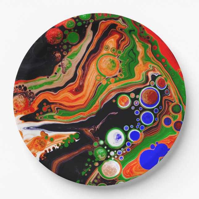 Orange, Blue, Green, Black Digital Fluid Art  Paper Plates (Front)