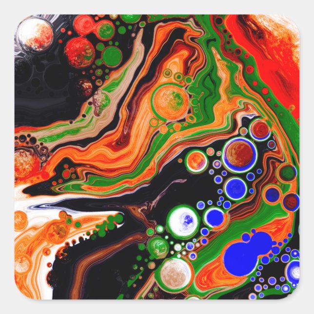 Orange, Blue, Green, Black Digital Fluid Art   Square Sticker (Front)