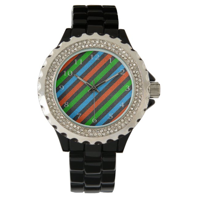 Orange, Blue, Green, Black Glitter Striped STaylor Watch (Front)