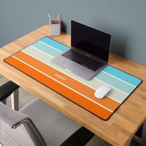 Orange Blue Green Color Block Stripes With Name Desk Mat