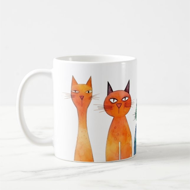 Orange Blue Green Watercolor Quirky Cats Coffee Mug (Left)