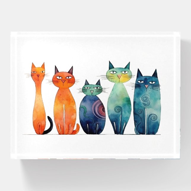 Orange Blue Green Watercolor Quirky Cats Paperweight (Front)