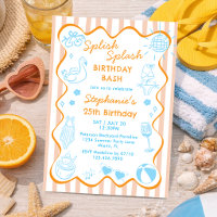 Orange Blue Hand Drawn Summer Pool Party Birthday