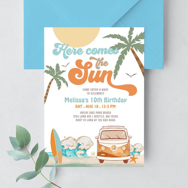 Orange Blue Here Comes the Sun Boy Birthday Party Invitation (Creator Uploaded)
