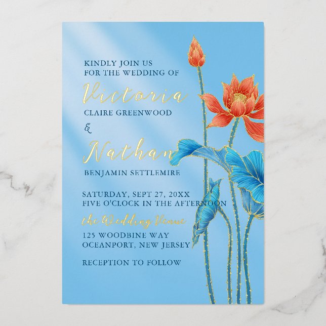 Orange & Blue Lotus Flowers Leaves Wedding Foil Invitation (Front)