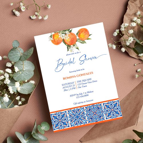 Orange blue majolica talavera tiles bridal shower invitation