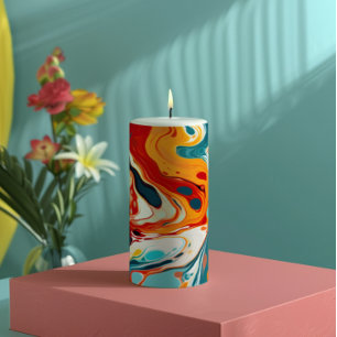 Orange Blue Marble Pillar Candle