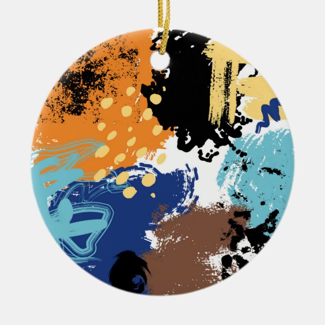 Orange Blue Mid Century Blotched Abstract Stains Ceramic Ornament (Front)