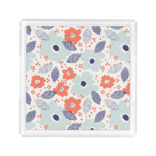 Orange & Blue Modern Flower Pattern Acrylic Tray