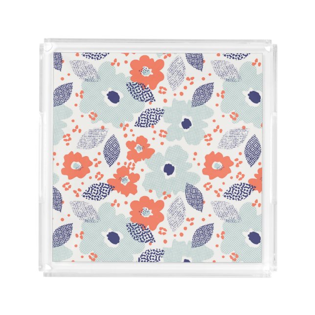 Orange & Blue Modern Flower Pattern Acrylic Tray (Front)