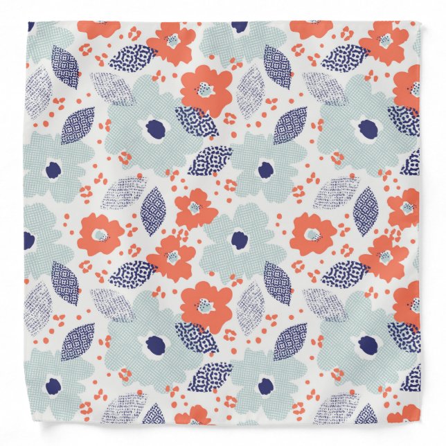 Orange & Blue Modern Flower Pattern Bandana (Front)