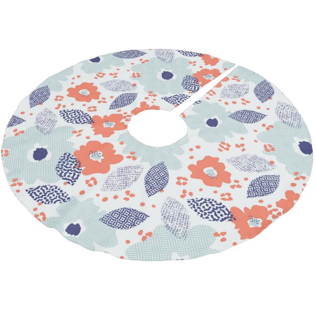 Orange & Blue Modern Flower Pattern Brushed Polyester Tree Skirt (Angled)
