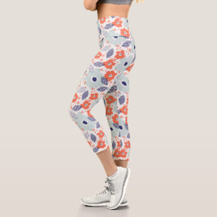 Orange & Blue Modern Flower Pattern Capri Leggings