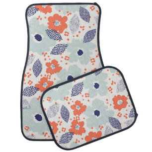 Orange & Blue Modern Flower Pattern Car Floor Mat