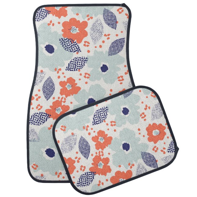 Orange & Blue Modern Flower Pattern Car Floor Mat (Set)