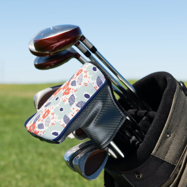 Orange & Blue Modern Flower Pattern Golf Head Cover (In Situ)