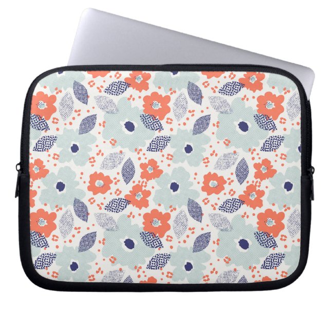 Orange & Blue Modern Flower Pattern Laptop Sleeve (Front)