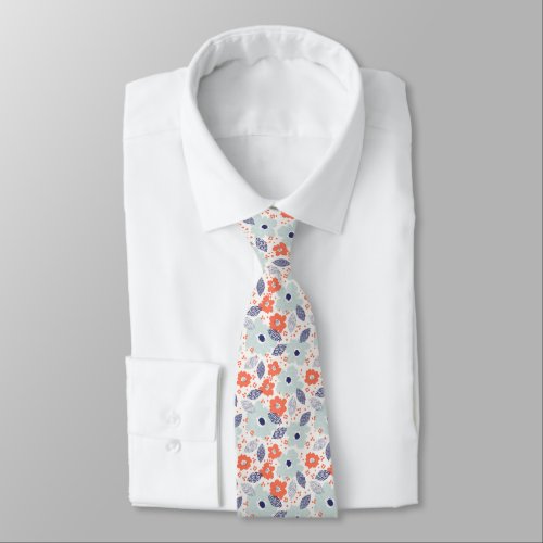 Orange  Blue Modern Flower Pattern Neck Tie