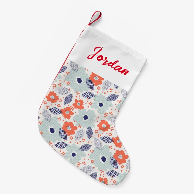 Orange & Blue Modern Flower Pattern Small Christmas Stocking (Front (Hanging))