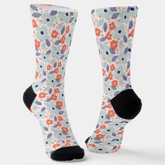 Orange & Blue Modern Flower Pattern Socks (Angled)